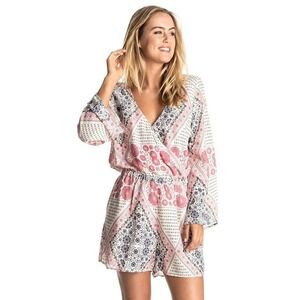 Roxy Womens Pink Blue Geometric Patchwork Bell Sleeve Surplice Romper S NWT